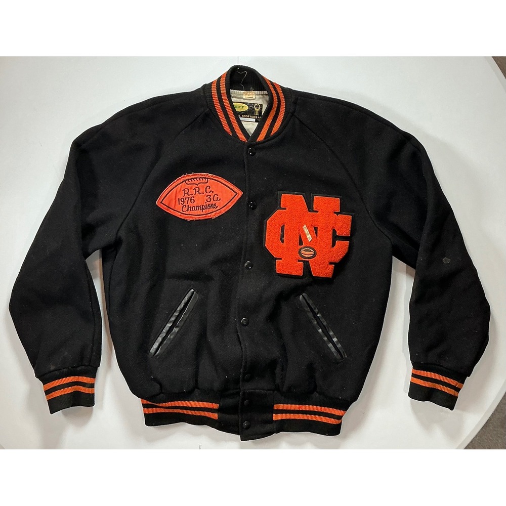 VTG 70s NC High School Varsity Jacket Black Orange Wool Letterman 1976 Patch L